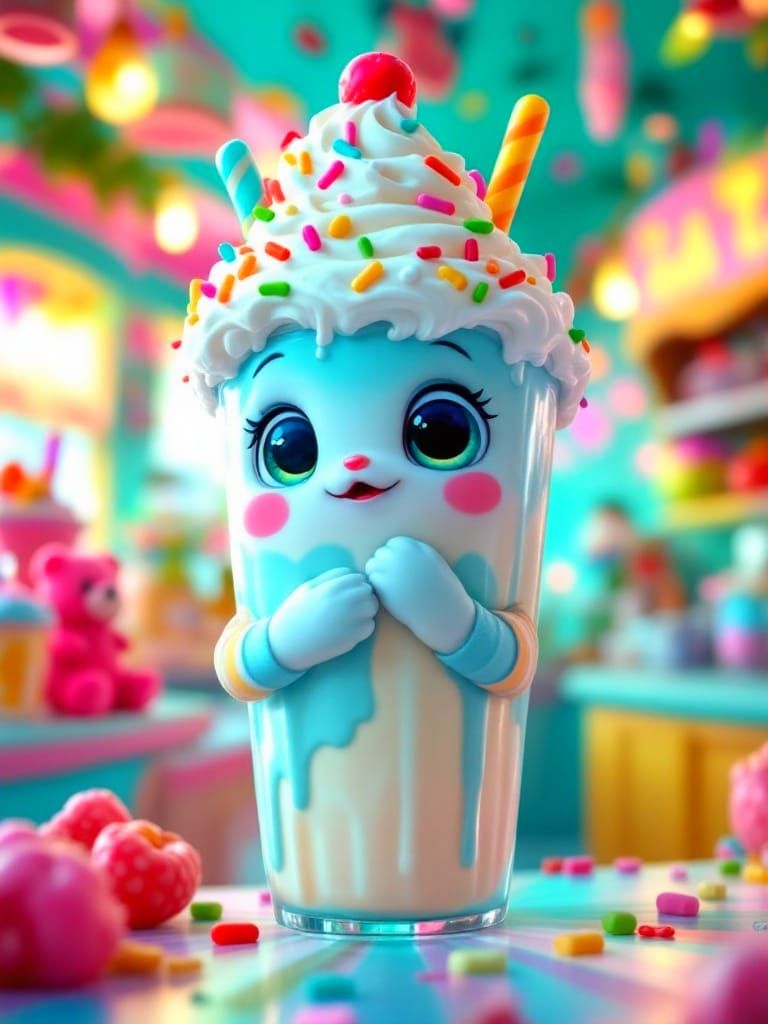Whimsical Milkshake Character in Vibrant Dessert Shop Dreams...