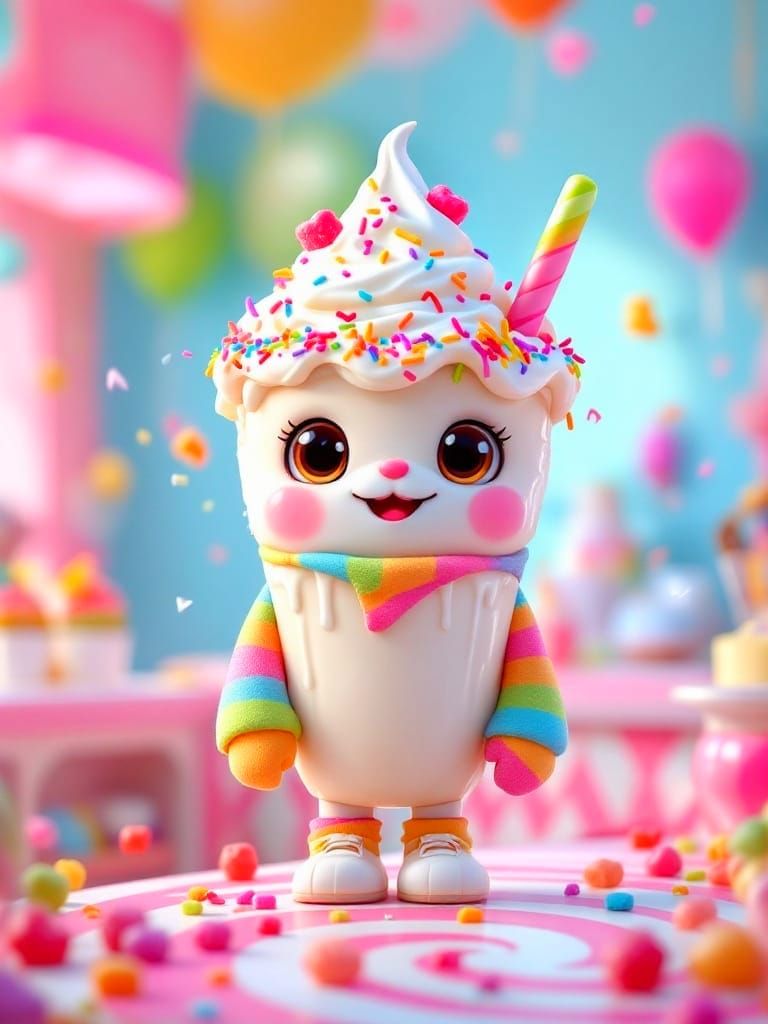 Whimsical Milkshake Character in Vibrant Dessert Shop