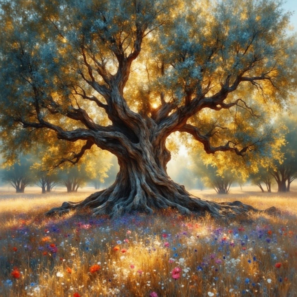 Olive Tree in Wildflower Meadow, Impressionist Style