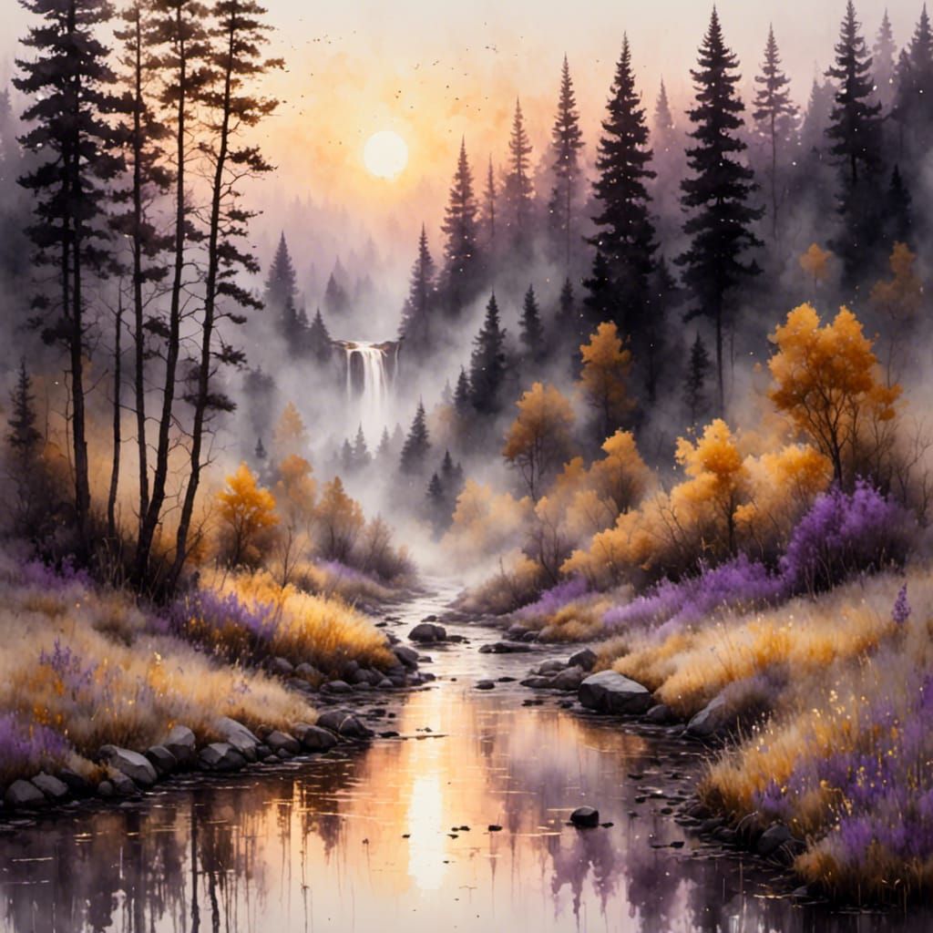 Dawn Over Forest Stream in Antique Watercolor Style