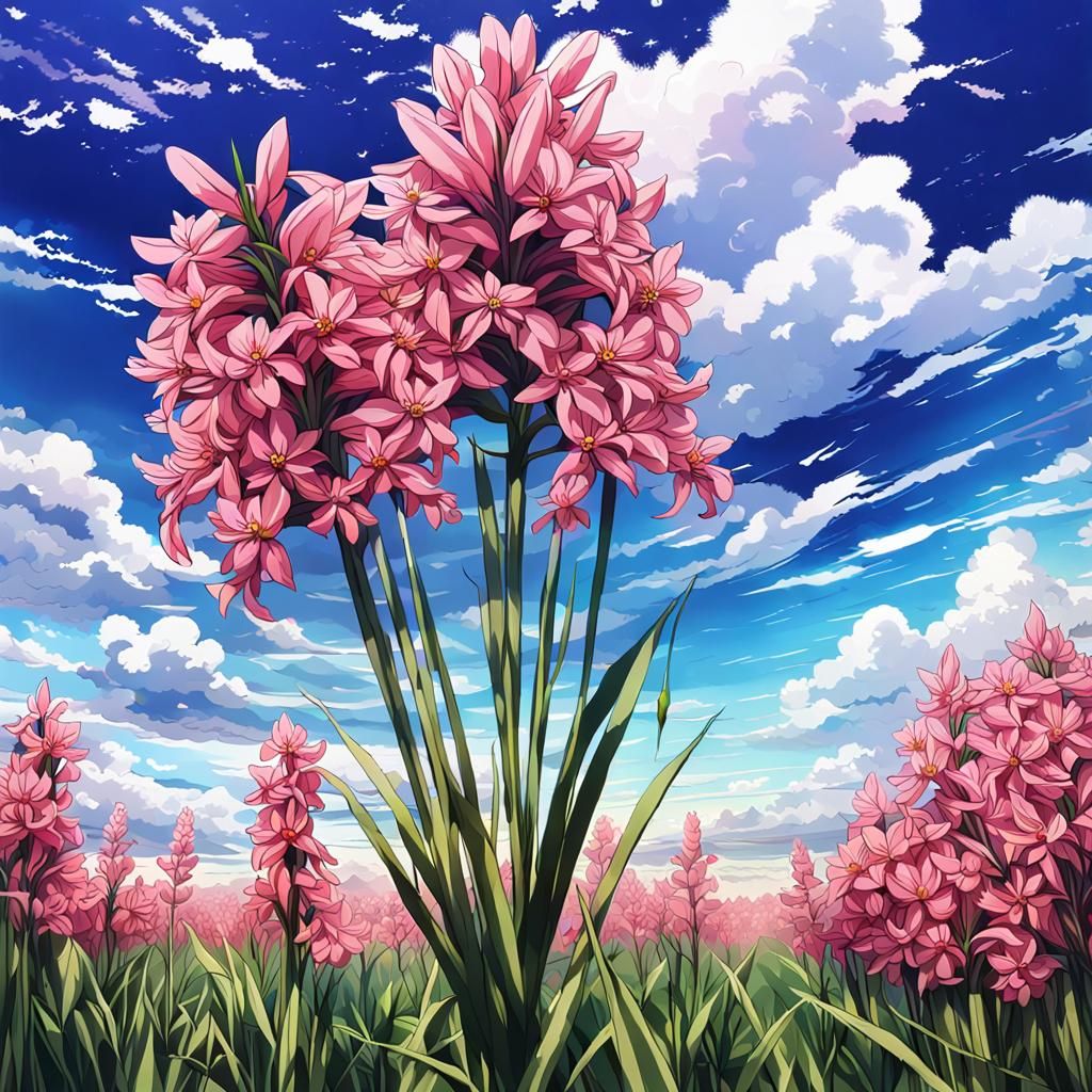 Pink Hyacinths with Dramatic Sky, Tiffany Glass Style