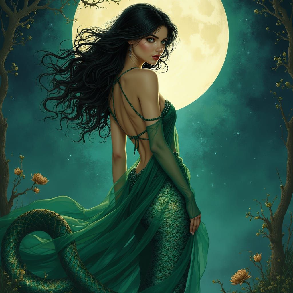Mystical Mermaid Goddess in Emerald Gown