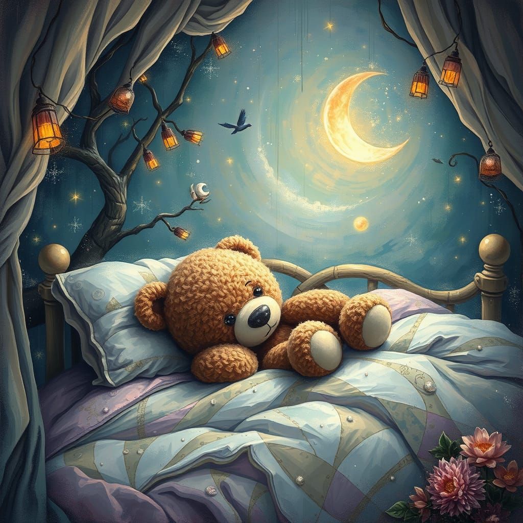 Plush Teddy Bear in Dreamy Wonderland, Acrylic Impasto