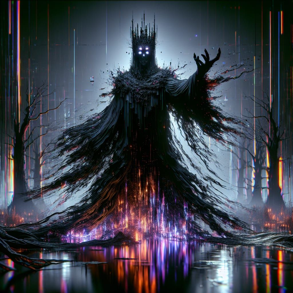 Crowned Smoke Entity in Eerie Swamp: 3D Digital Art