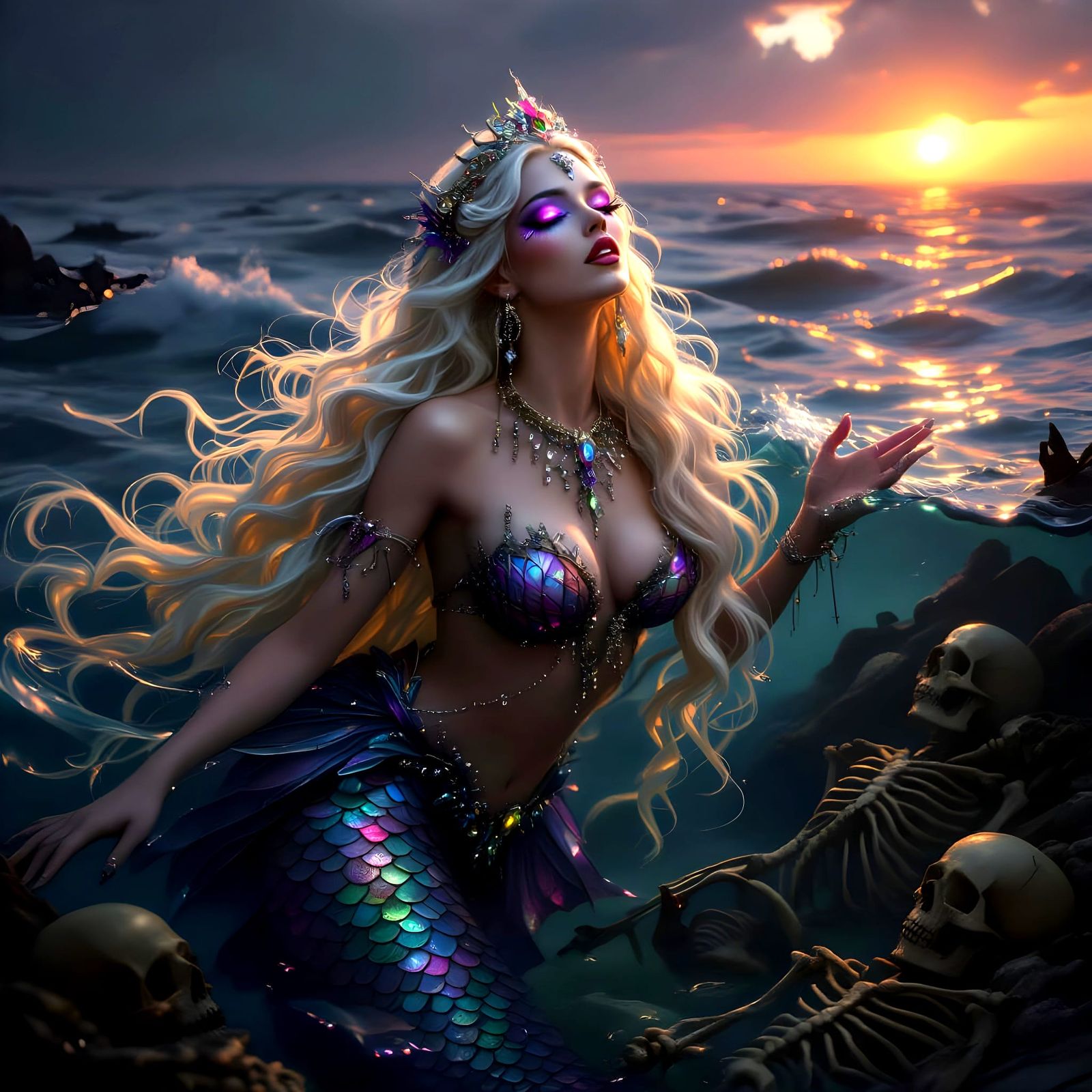 Mermaid Queen Emerges from Stormy Ocean Sunset