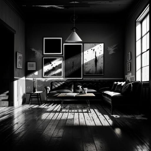 Moody Oil Painting Studio Scene in Grainy Black and White