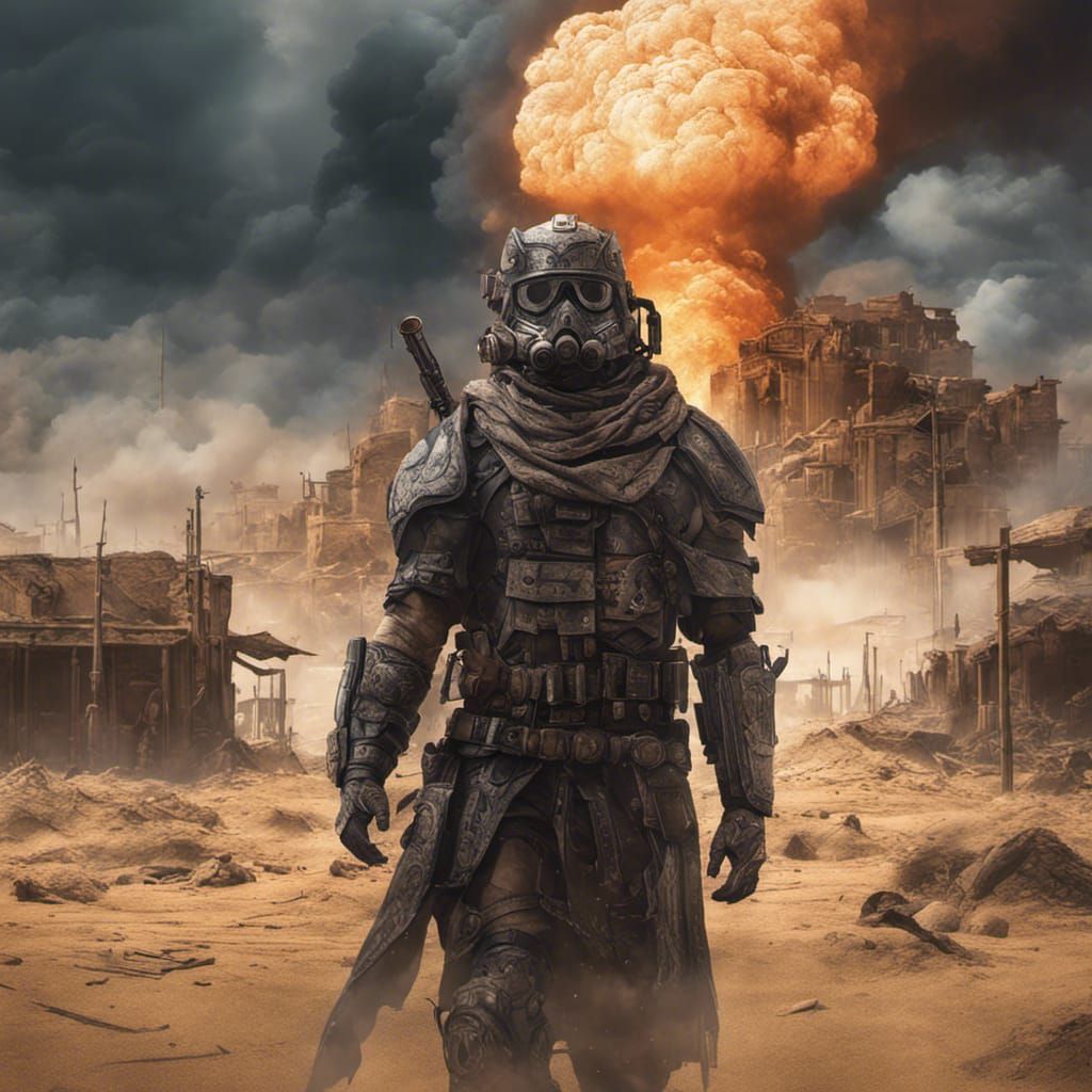 apocalyptic actor walking away from explosion