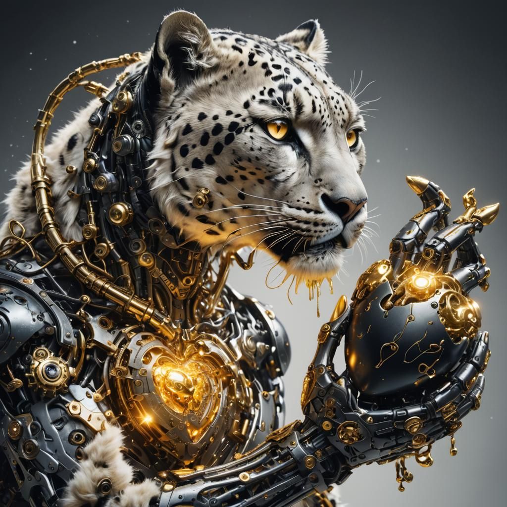 Cyborg Snow Leopard with Mechanical Heart Sci-Fi Art