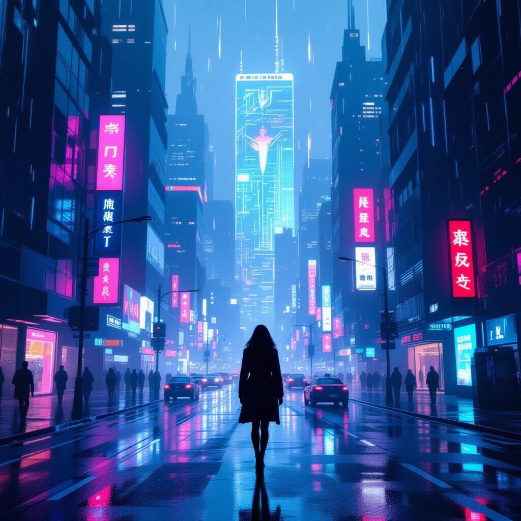 Lone Woman on Neon Street in Futuristic Cityscape