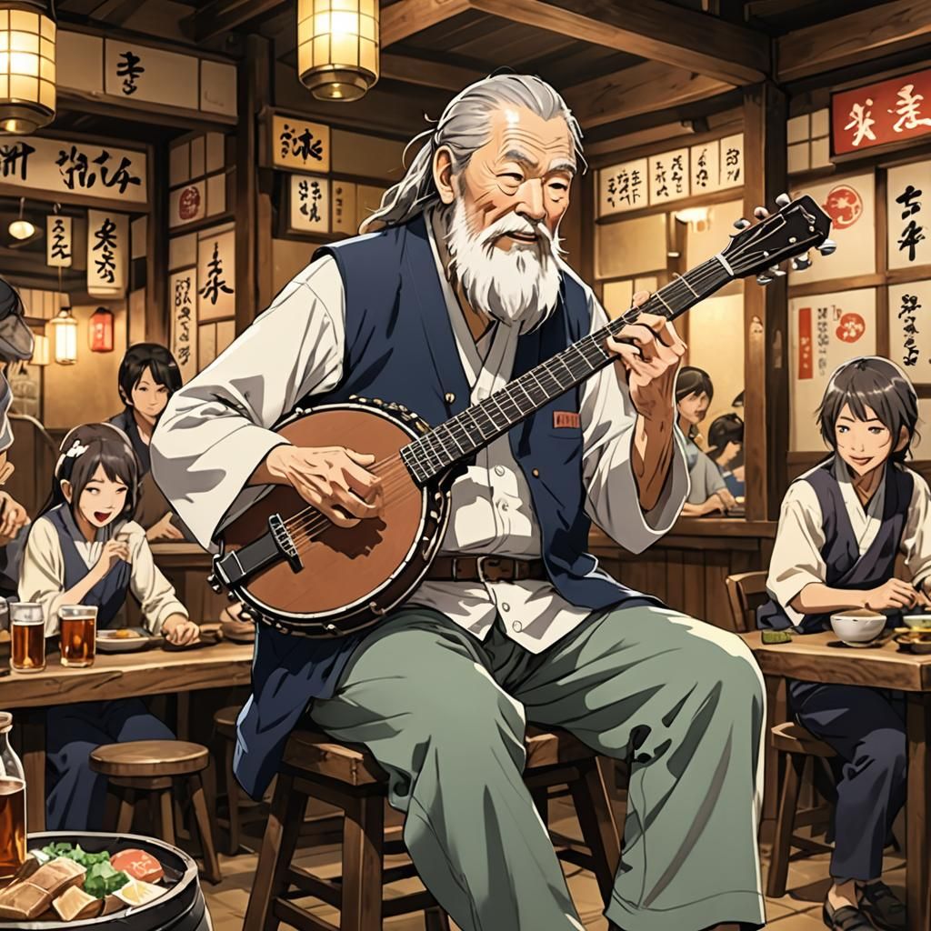 Japanese Man Playing Banjo in Anime Style