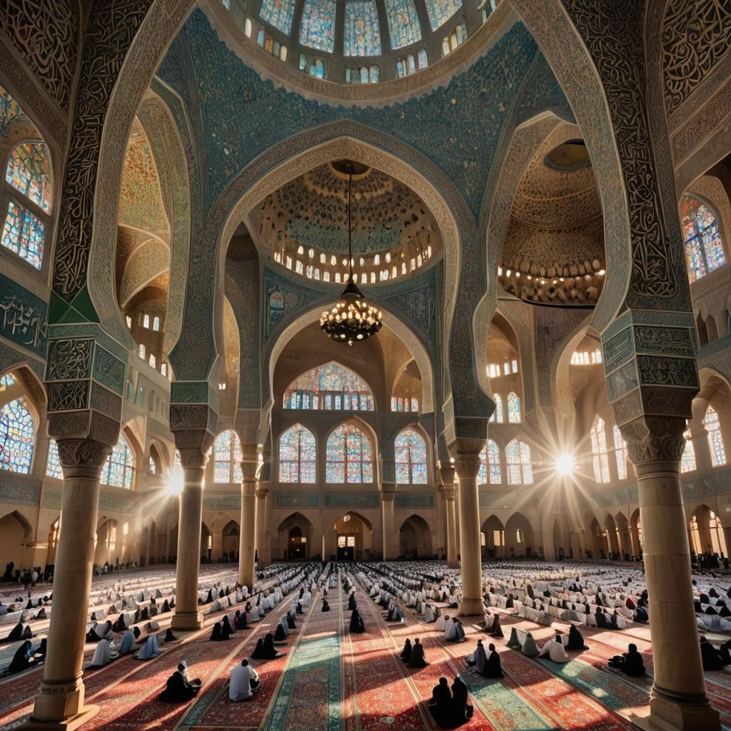 Grand Mosque Interior with Praying Muslims