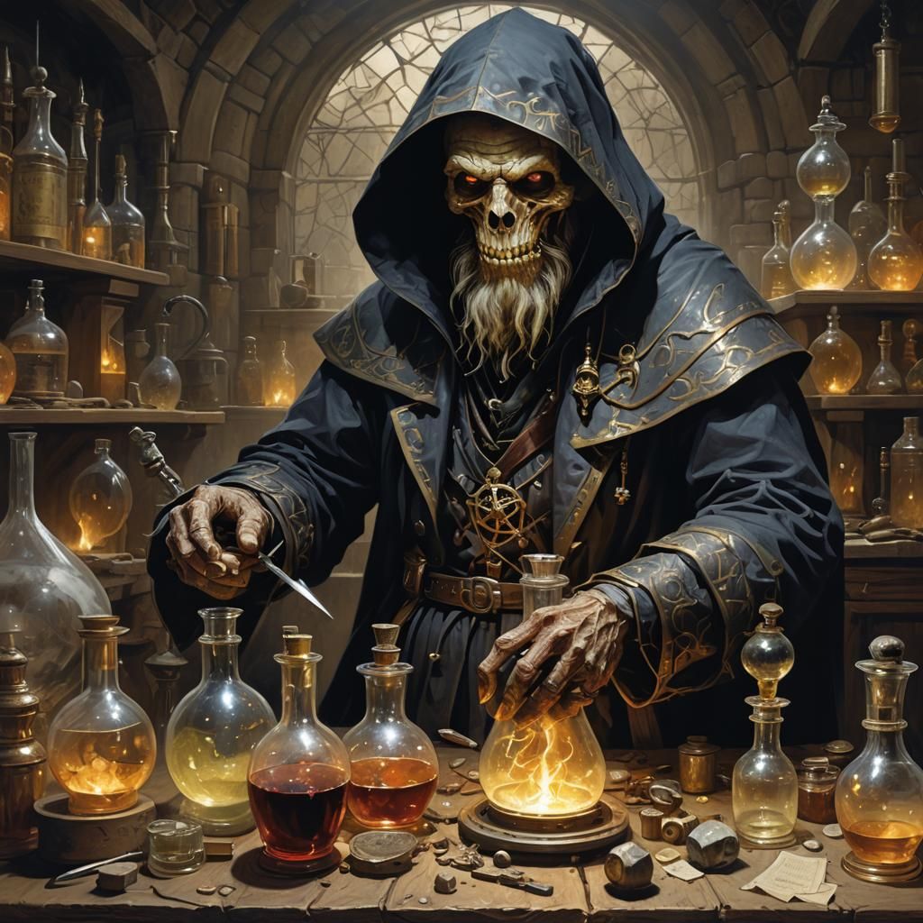 Surreal Alchemist in Sinister Dark Fantasy Style