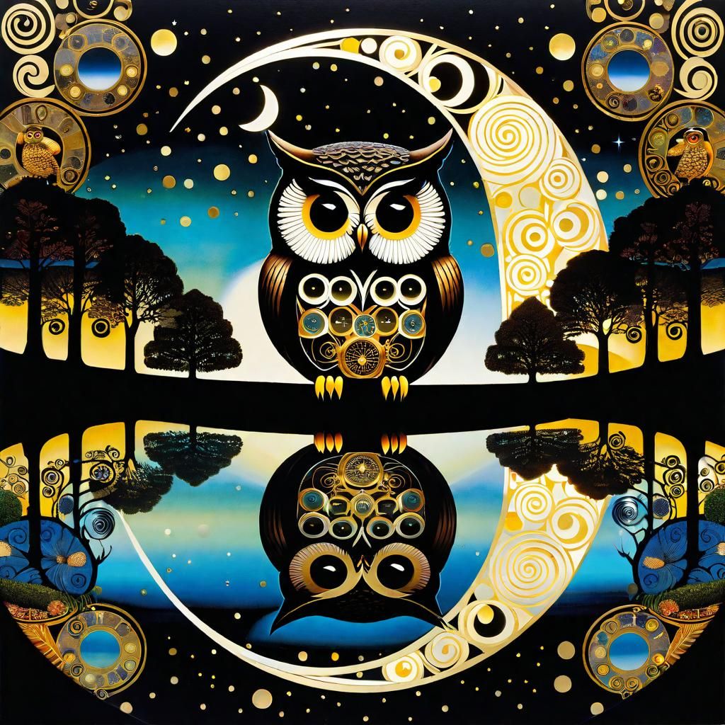 Surreal Owl and Clock Reflection in Maximalist Style