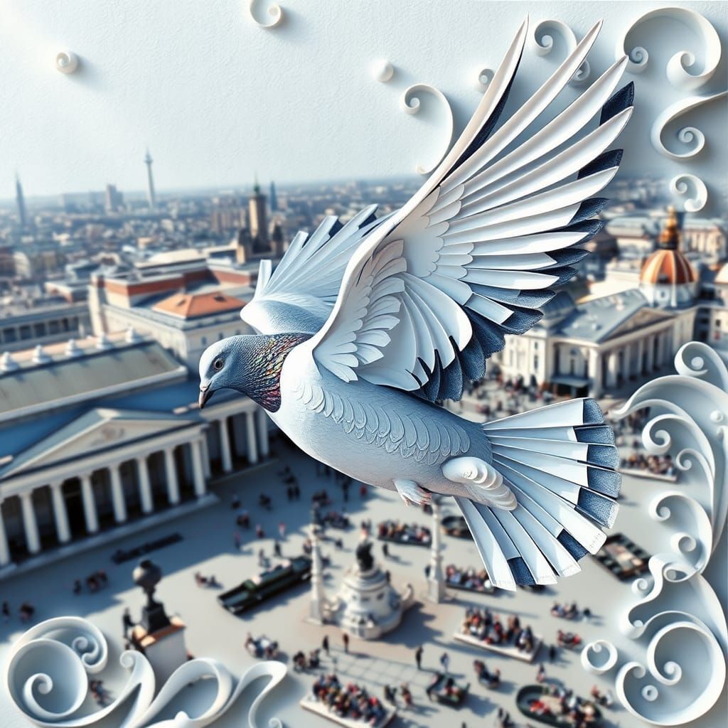 Pigeon Soaring Above Trafalgar Square: Paper Art