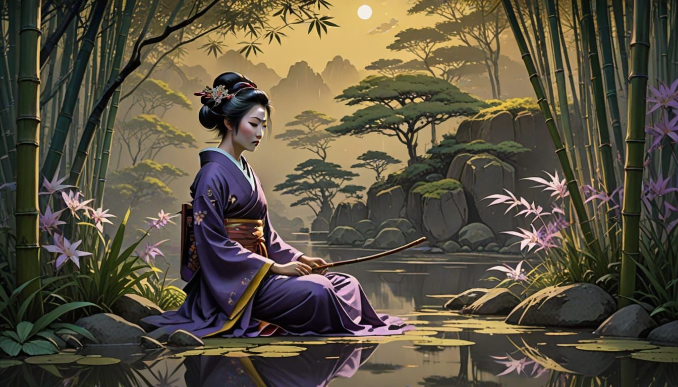 Geisha in Bamboo Garden: Japanese Sumi-e Ink Painting
