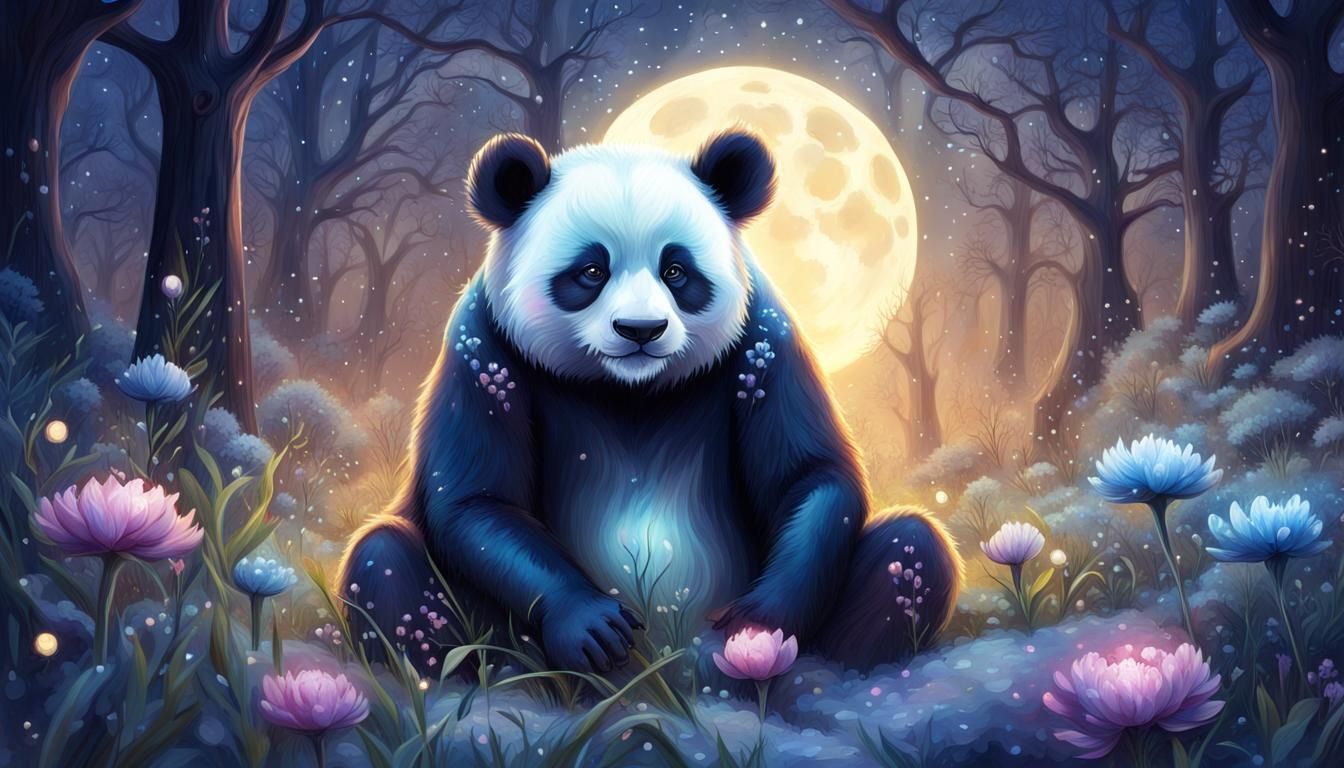 Fantasy Panda in Moonlit Flower Forest