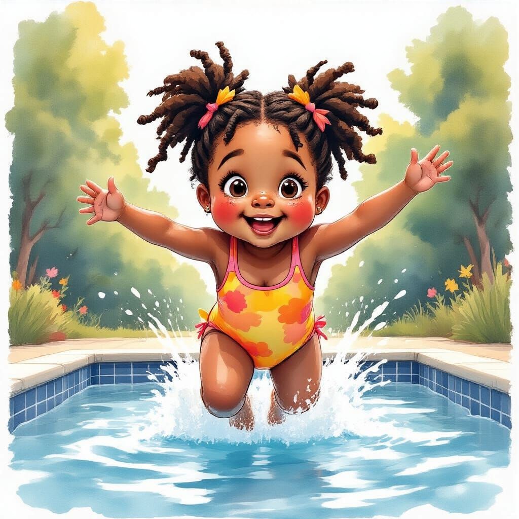 Joyful Girl Diving: Watercolor Folk-Art Style