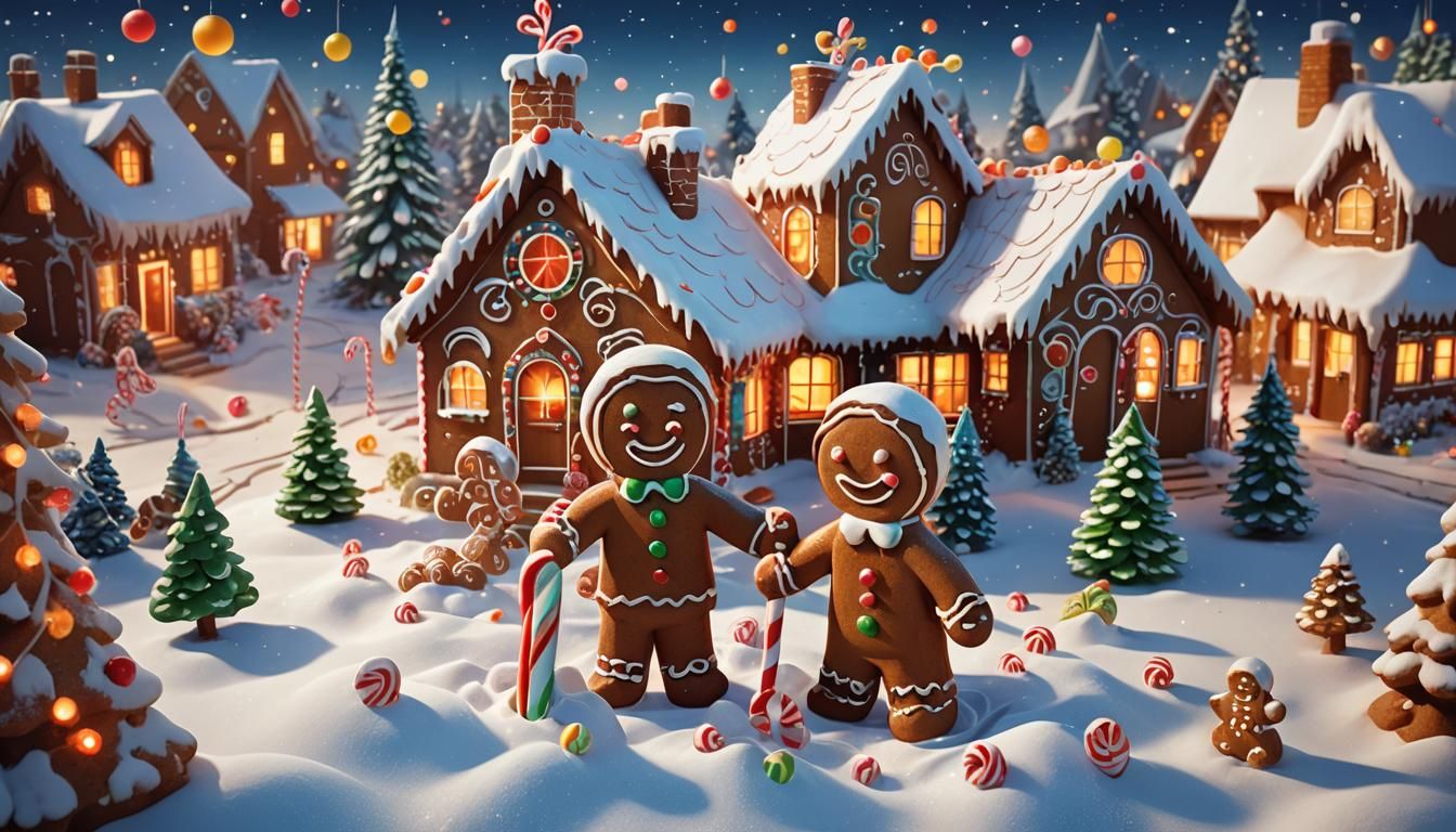 Whimsical Gingerbread Couple in Surreal Snowy Scene