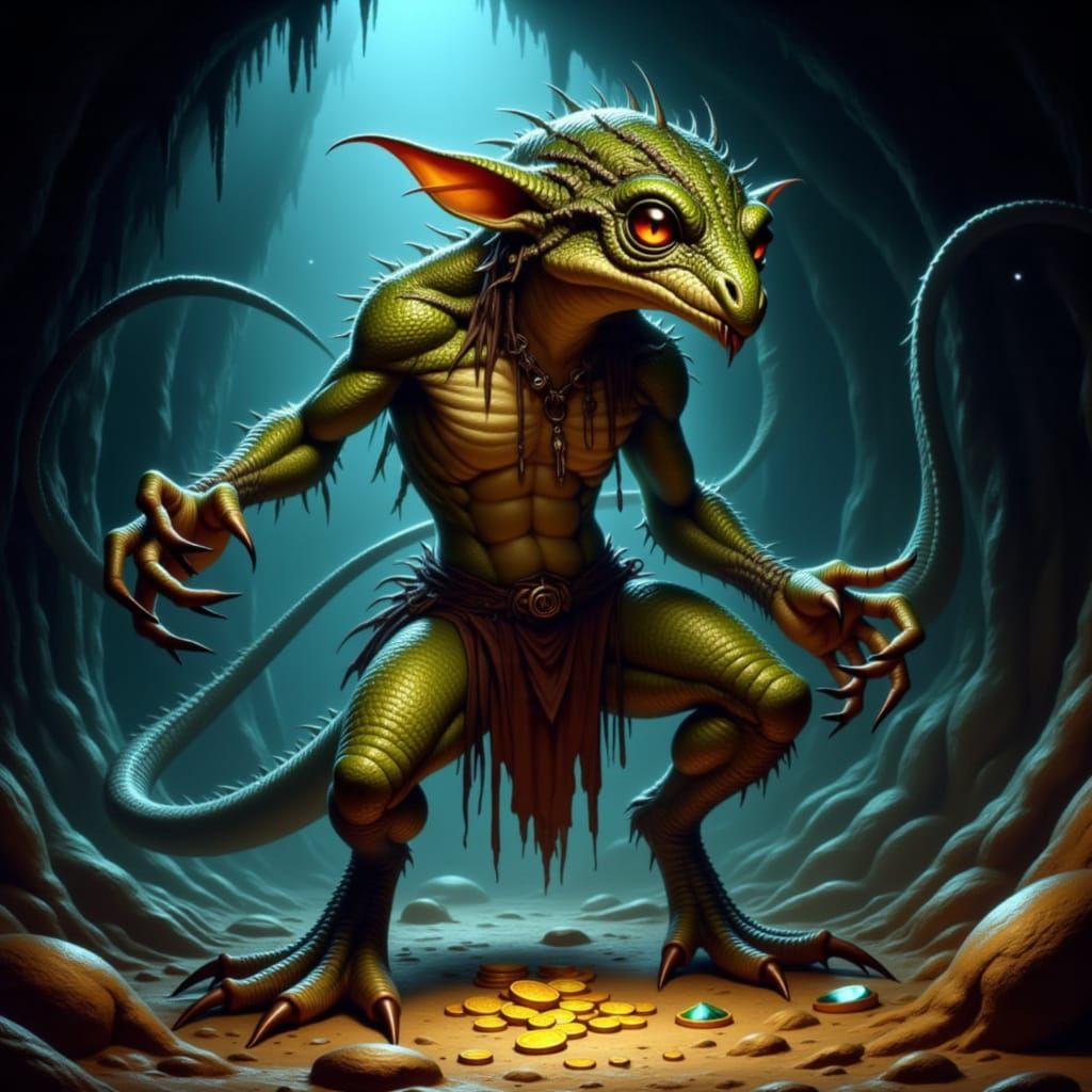Dark Fantasy Kobold Guarding Treasure in Cavern