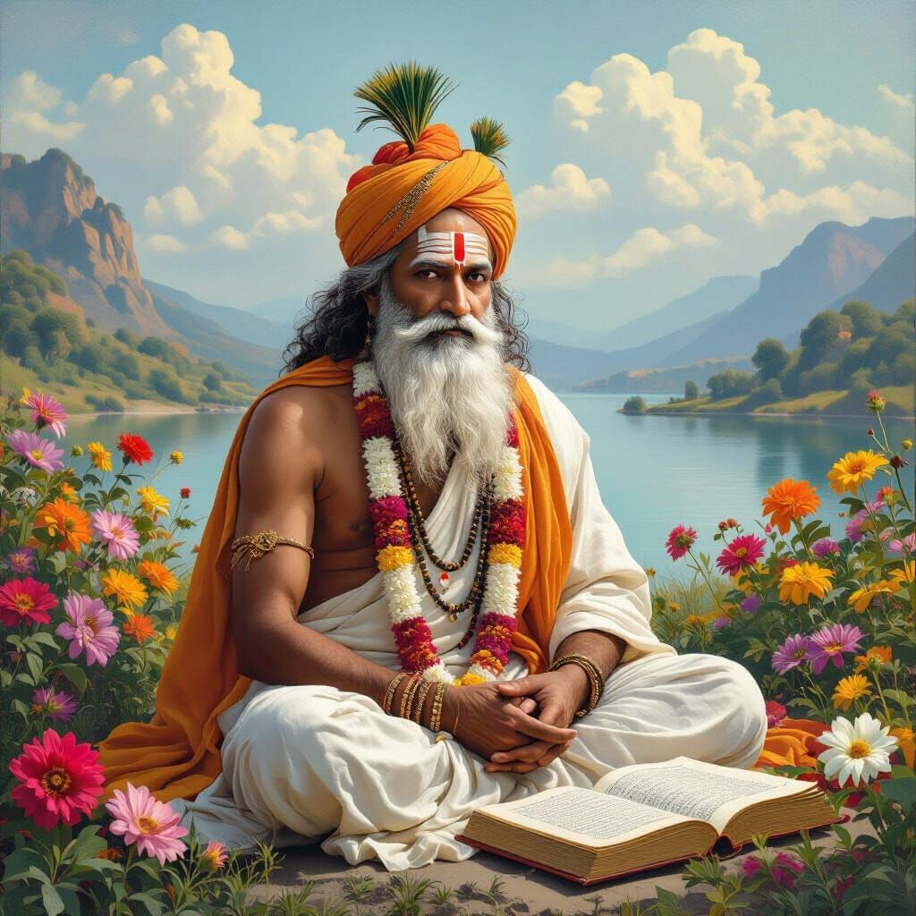 Serene Indian Landscape with Guru in Ravi Varma Style