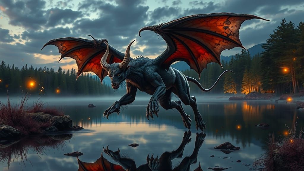 Winged Minotaur Devil Over Serene Lake