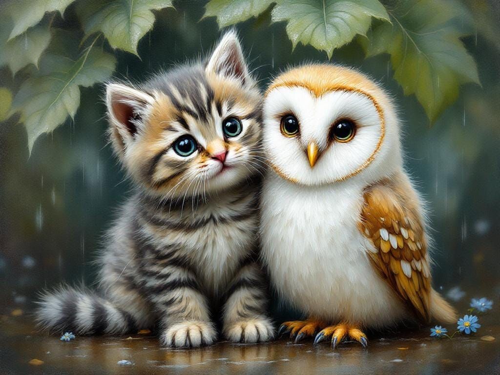Whimsical Kitten and Owl Under Leaf, as Impasto Painting