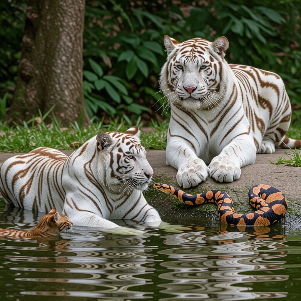 White Tiger Playing with Cats and Snake