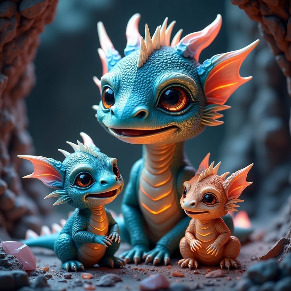 Crystal Dragon Family Portrait in Gemstone Cave