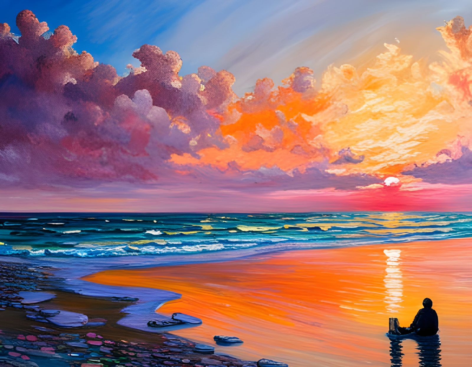 Sunset Beach Scene in Impressionist Style