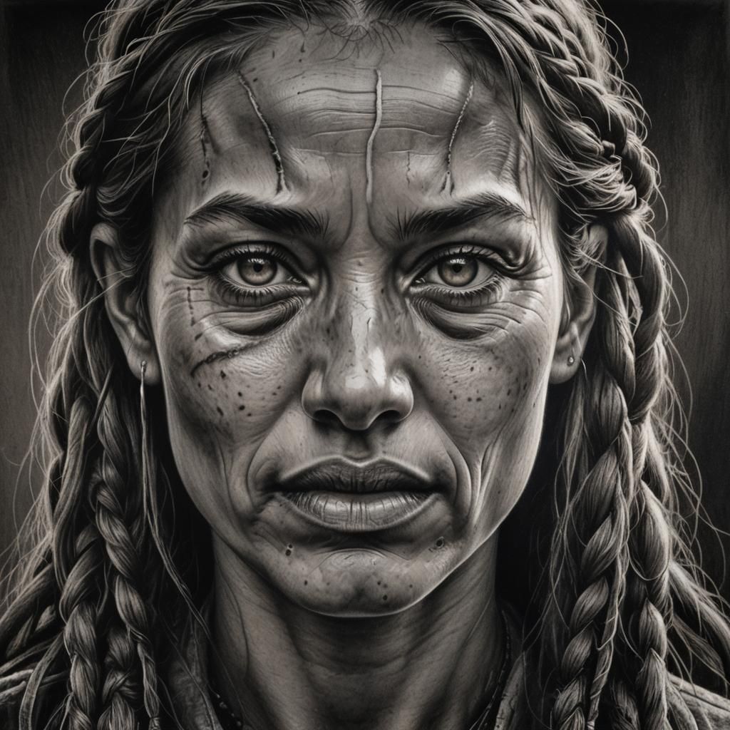 Charcoal Drawing of Woman with Crescent Moon Eyes