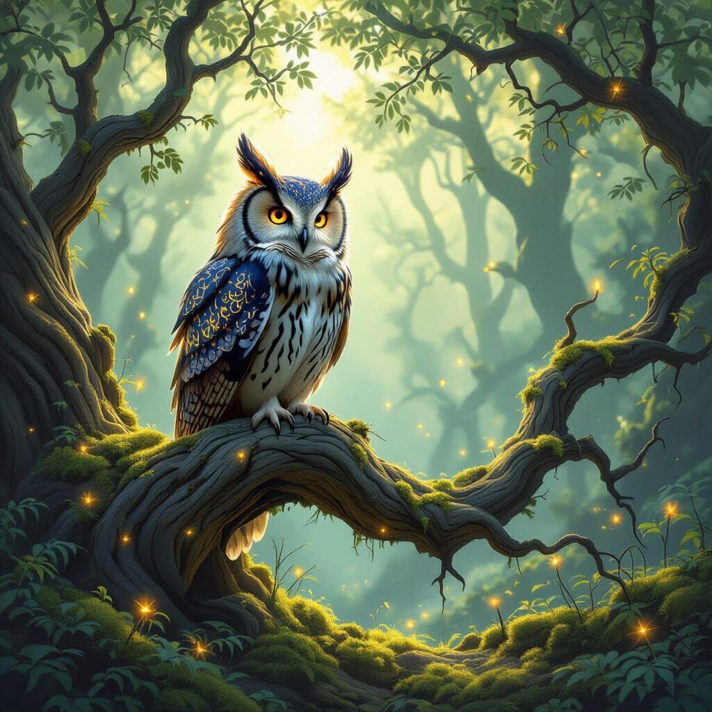 Wise Owl with Magical Runes on Ancient Branch