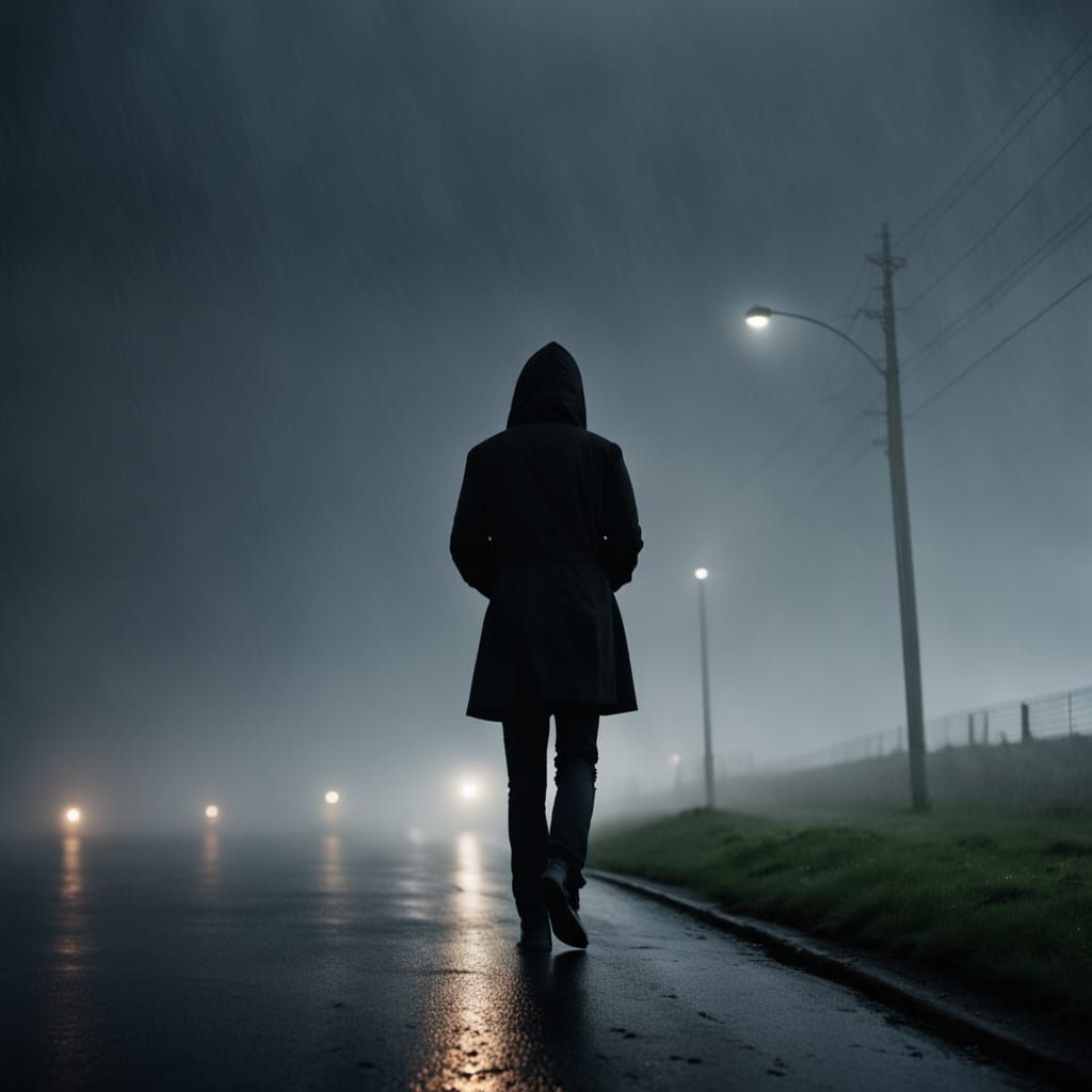 Film Noir Hitchhiker in Stormy Night