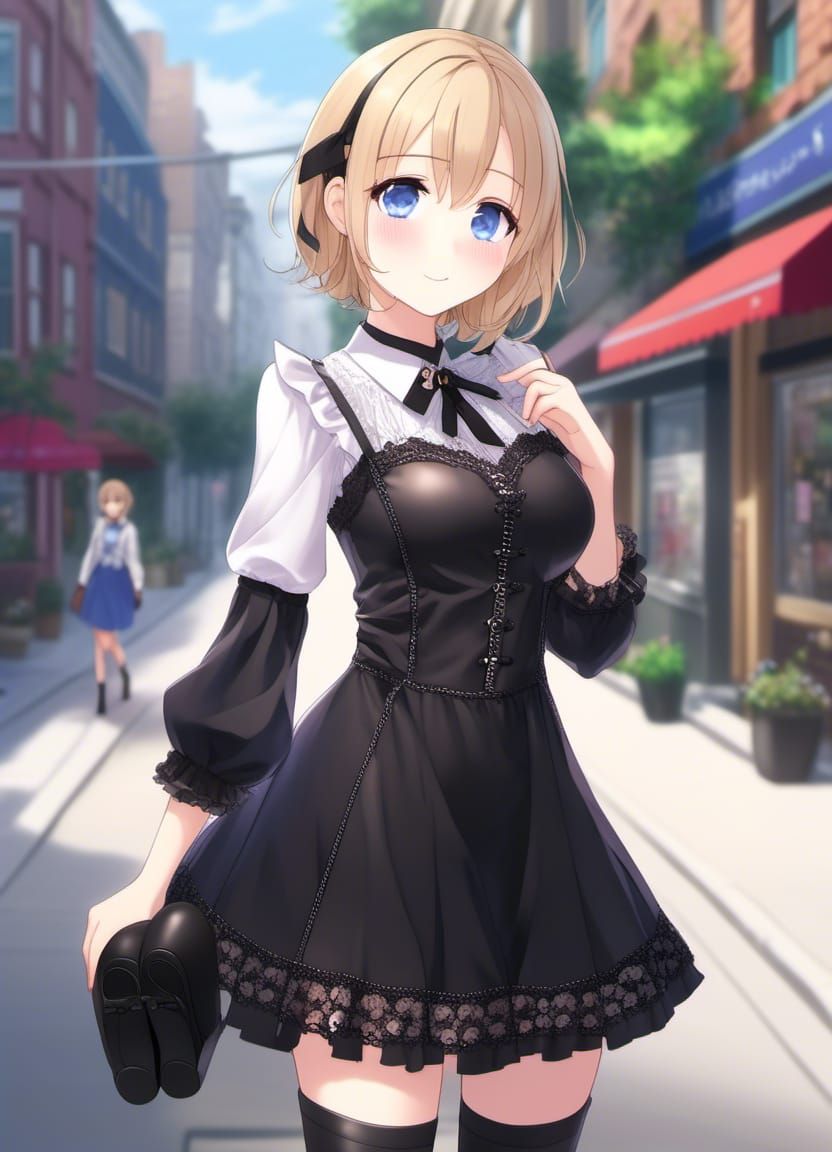 Cute Goth Girl in Anime Style on City Street