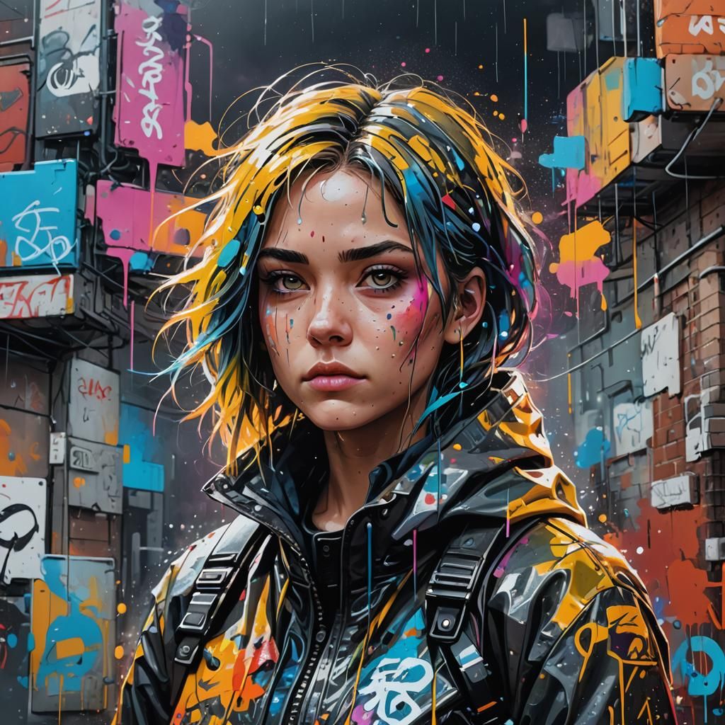 Female Sci-Fi Protagonist in Rainy Graffiti Art