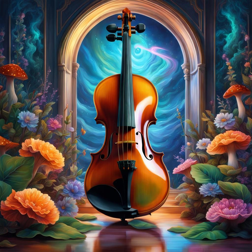 Bioluminescent Violin in Fantasy Hall: Hyperreal Display