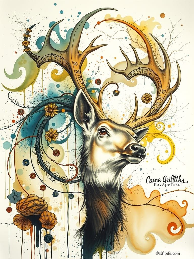 Surreal Ink and Watercolor Painting of Majestic Stag in Drea...
