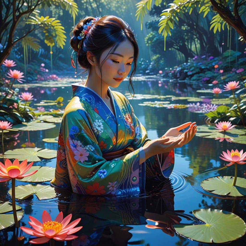 Dreamlike Japanese Woman Touches Shimmering Rainbow Drop