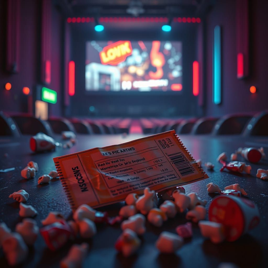 Glowing Movie Tickets in Neon Cityscape