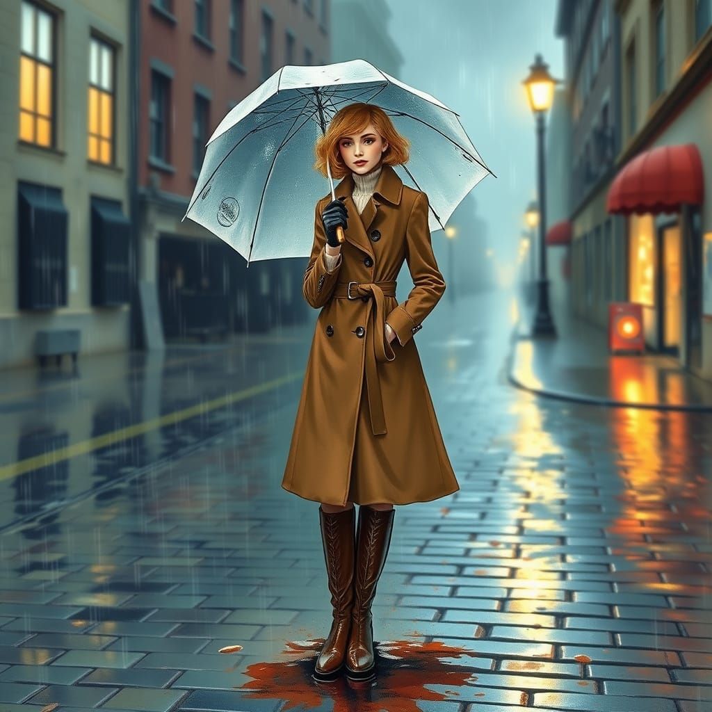 Girl in Elegant Raincoat, Holding Vintage Umbrella on Rainy ...