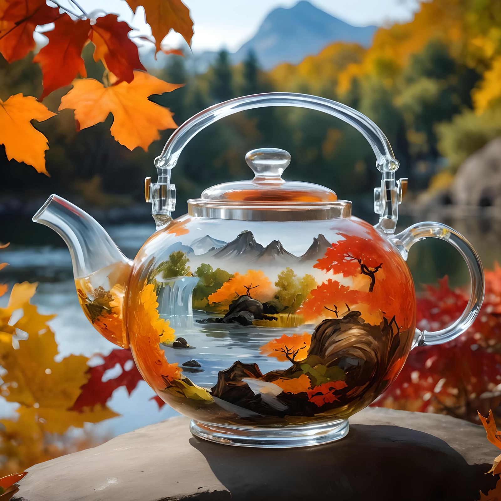Glass Teapot with Autumn Landscape Painting