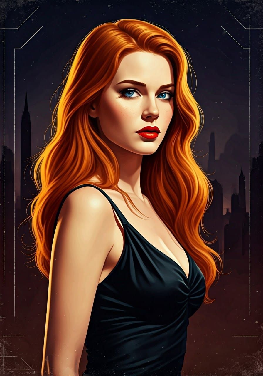 Sultry Film Noir Siren in Distressed Art Deco Poster