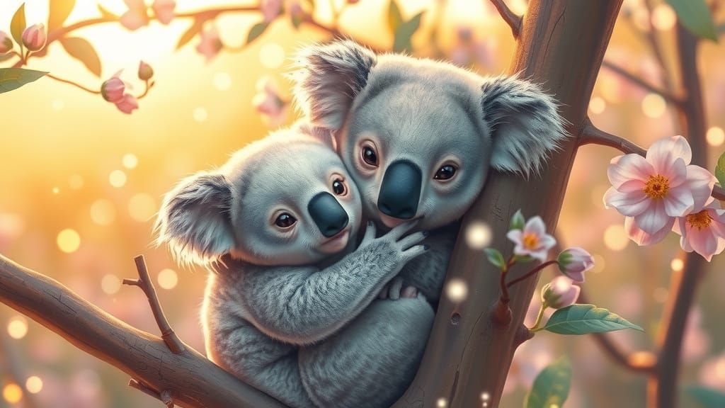 Mother Koala and Joey in Eucalyptus Branch Sanctuary