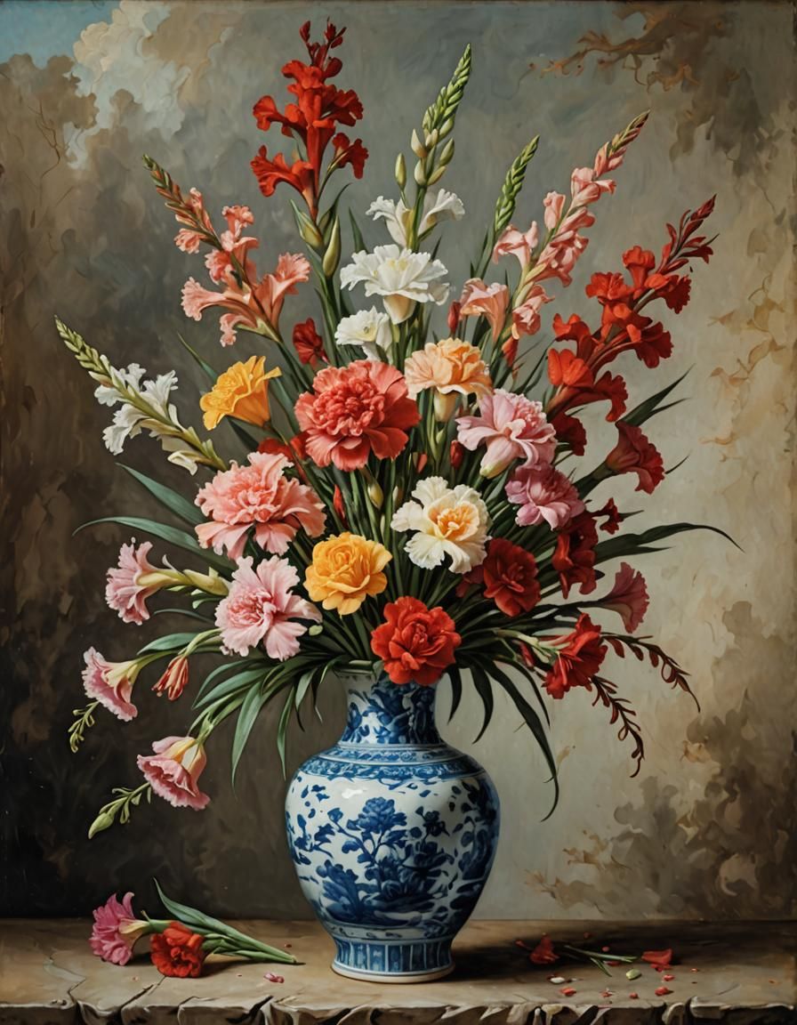 Floral Bouquet in Ming Vase as Oil Painting