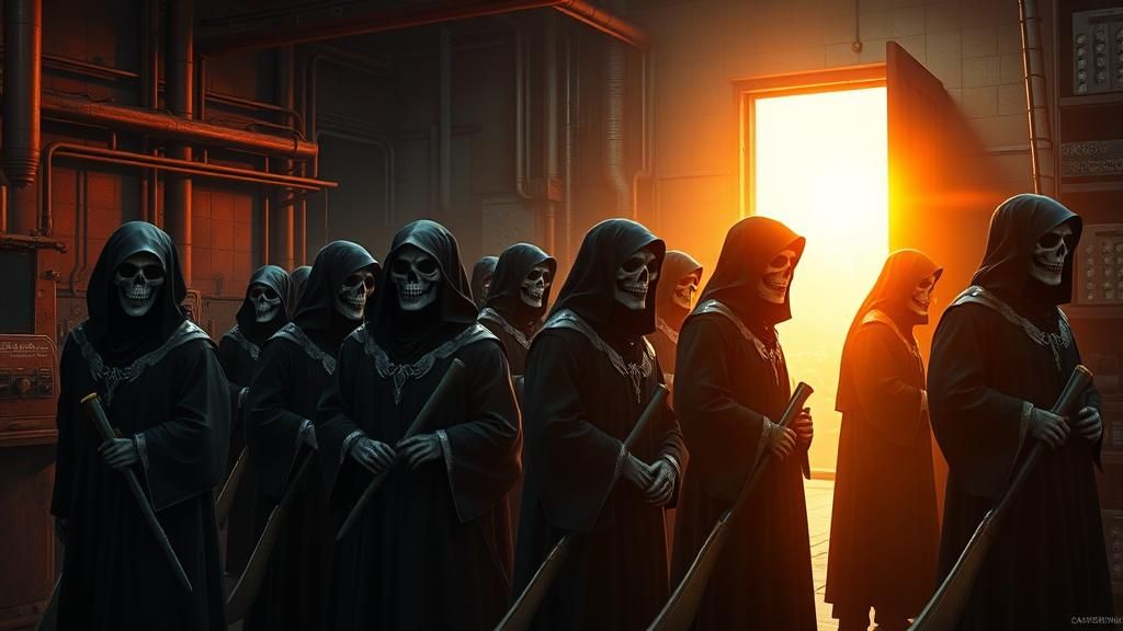 Skeletal Figures Punching Time Clock in Factory