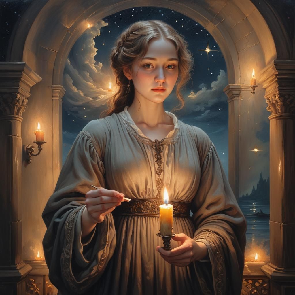 Renaissance Person Holding Candle in Exquisite Oil Painting