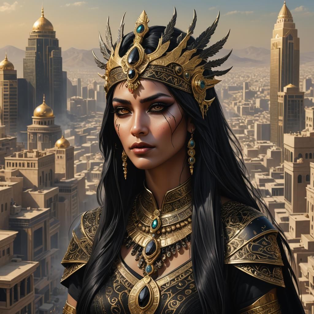 Ageless Shadow Demon in Futuristic Babylonian Splendor