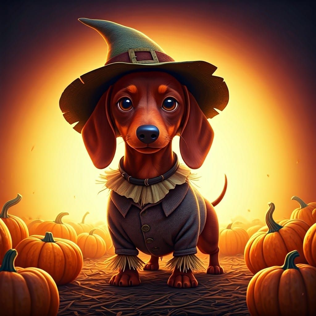 Dachshund Scarecrow in Gourd Field: 3D Digital Art