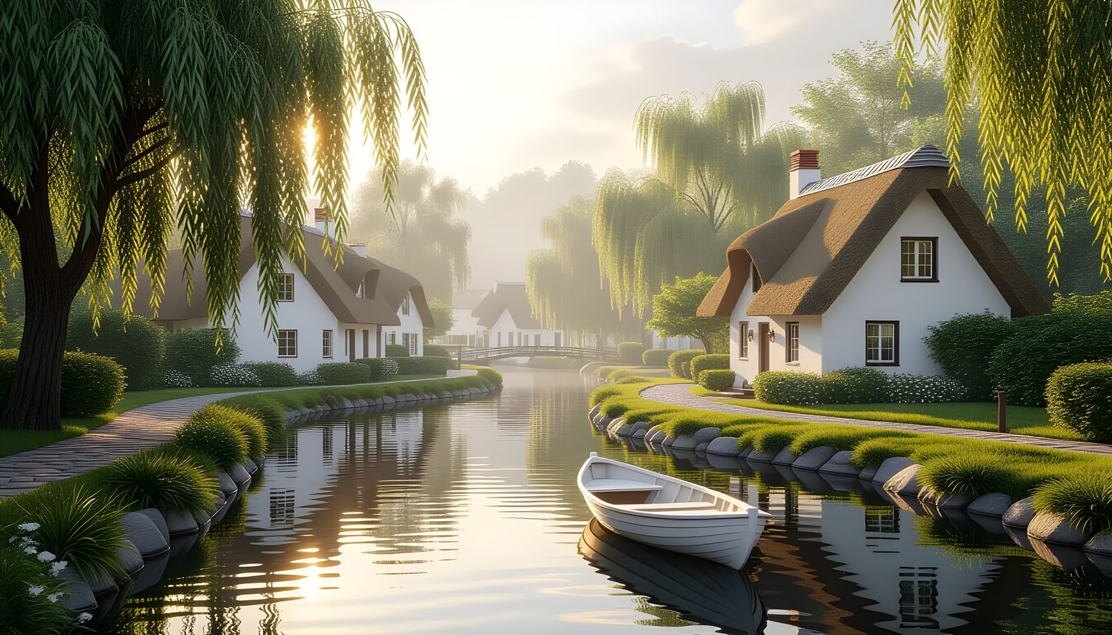 Idyllic Countryside Scene with Cottages and Boat