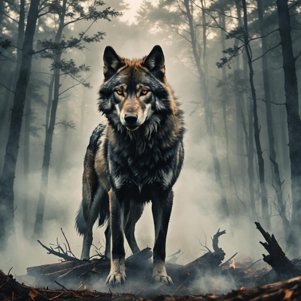 Double Exposure Wolf Silhouette in Smoke