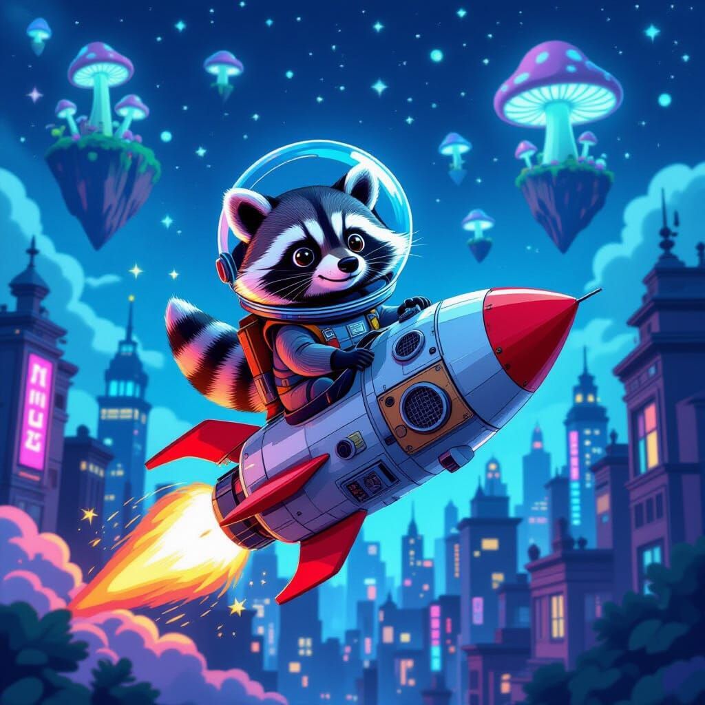 Raccoon Astronaut Launches from Neon Cityscape